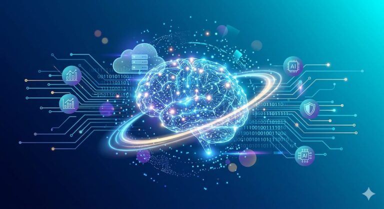 Inteligência Artificial e Desenvolvimento: Representação visual de código e elementos de IA em um ambiente digital.